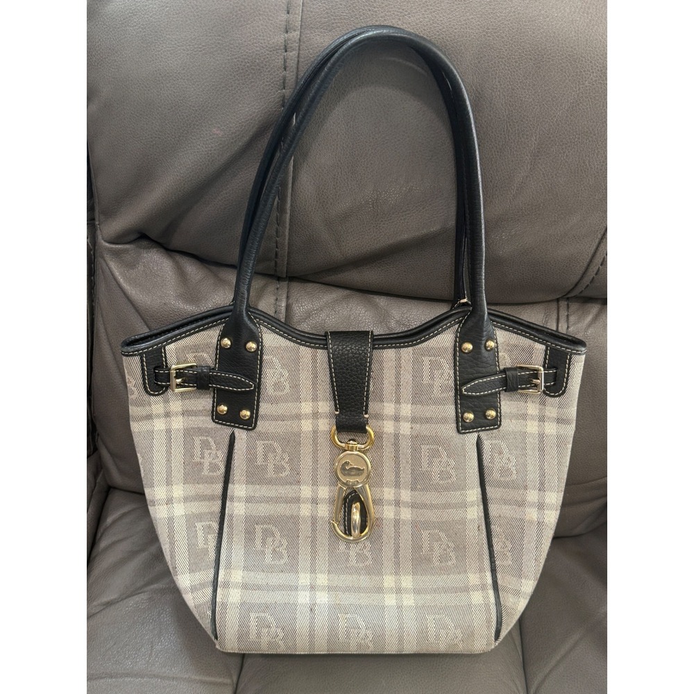 Dooney &‎ Bourke Grey Plaid Monogram Coated Canvas Tote Bag Black Leather Trim